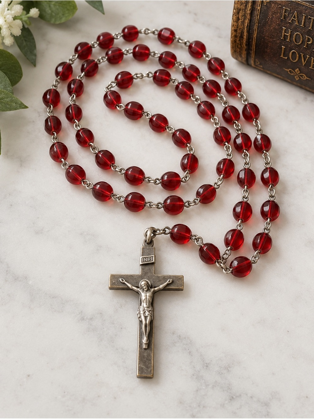 Vintage Red Beaded Catholic Rosary Silver Tone Crucifix Religious Prayer Beads
